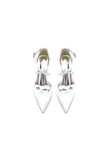 White Satin Pump with Cross Strap and Metal Accent