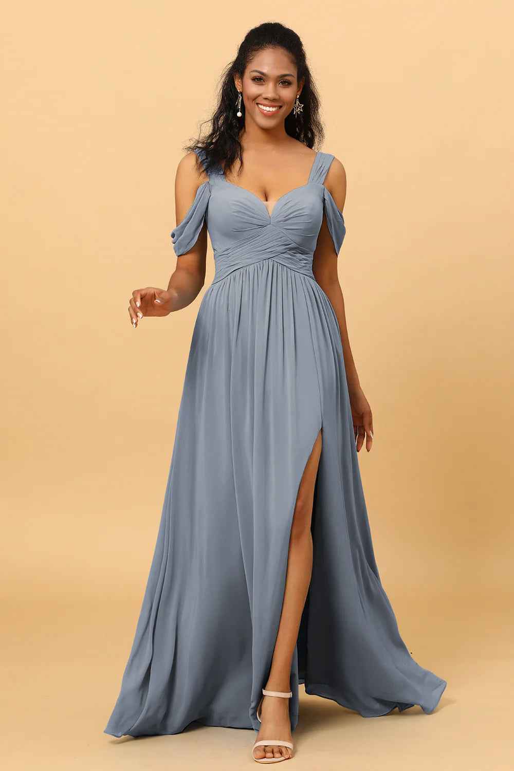 A Line V Neck Cold Shoulder Chiffon Bridesmaid Dress with Slit