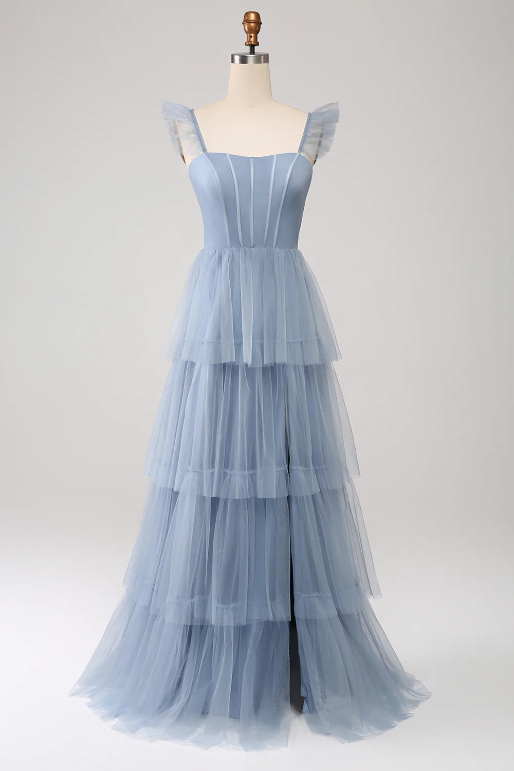A Line Spaghetti Straps Tiered Floor Length Tulle Purple Bridesmaid Dress