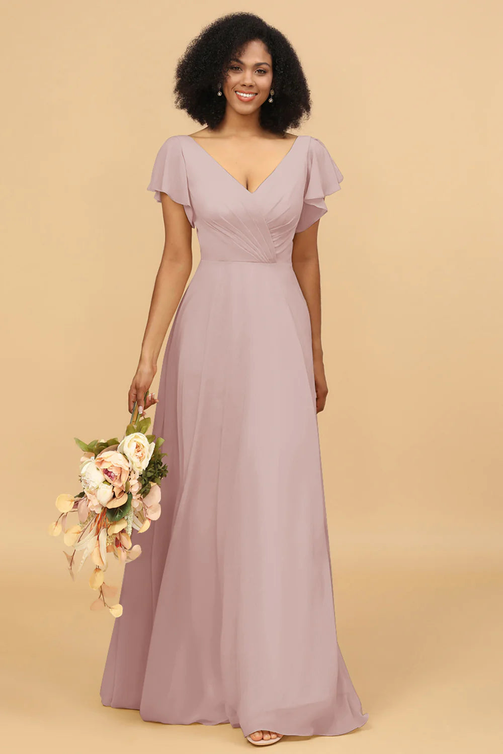 V Neck Cape Long Floor Length Chiffon Bridesmaid Dress