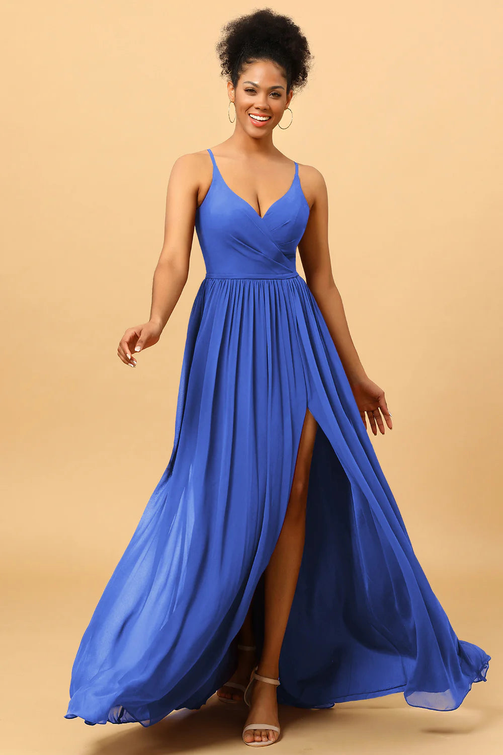 A Line Spaghetti Straps Ruched Long Chiffon Bridesmaid Dress with Slit