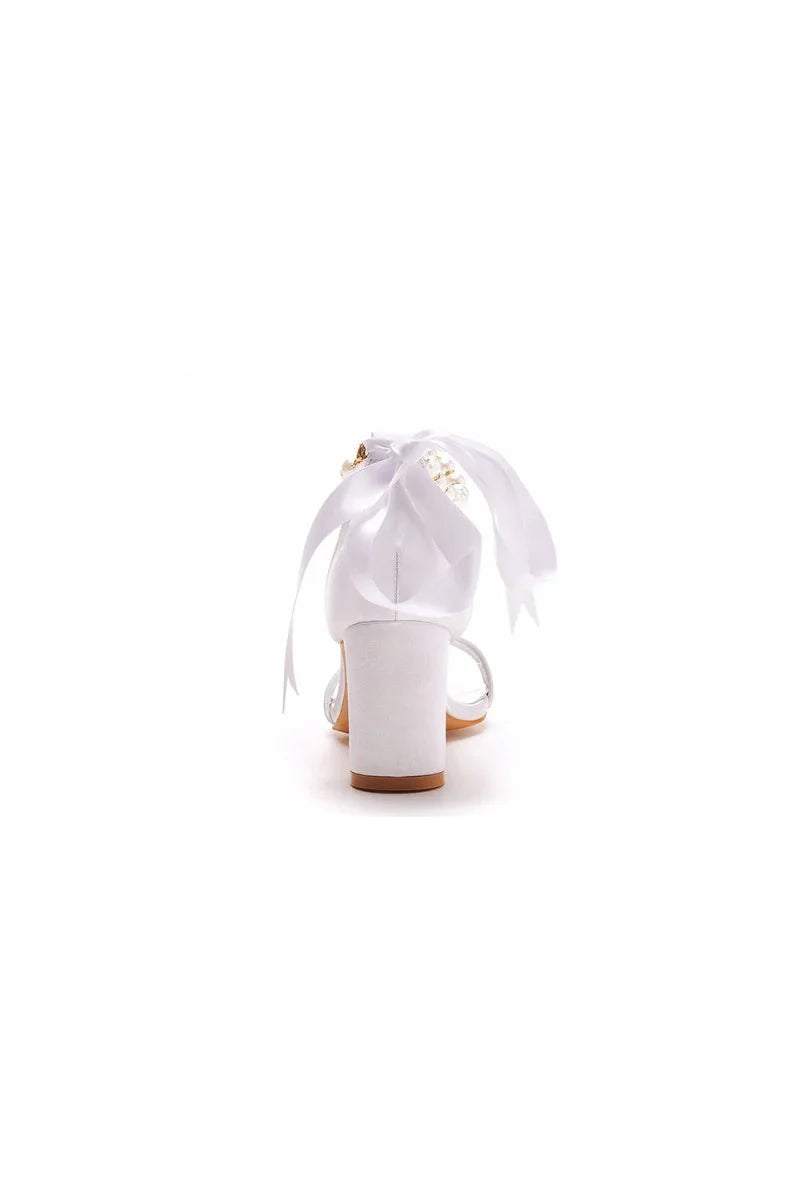Elegant Pearl Ribbon Tie Satin Open Toe Ankle Strap Block High Heels