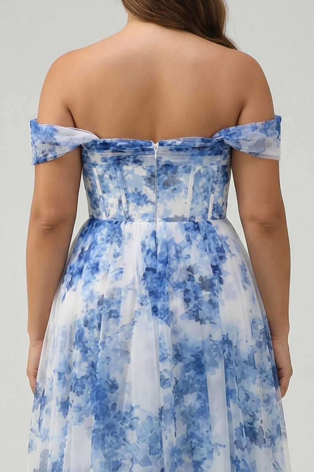 Off the Shoulder White Blue Flower A Line Ruched Corset Plus Size Bridesmaid Dress with Slit