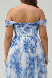 Off the Shoulder White Blue Flower A Line Ruched Corset Plus Size Bridesmaid Dress with Slit