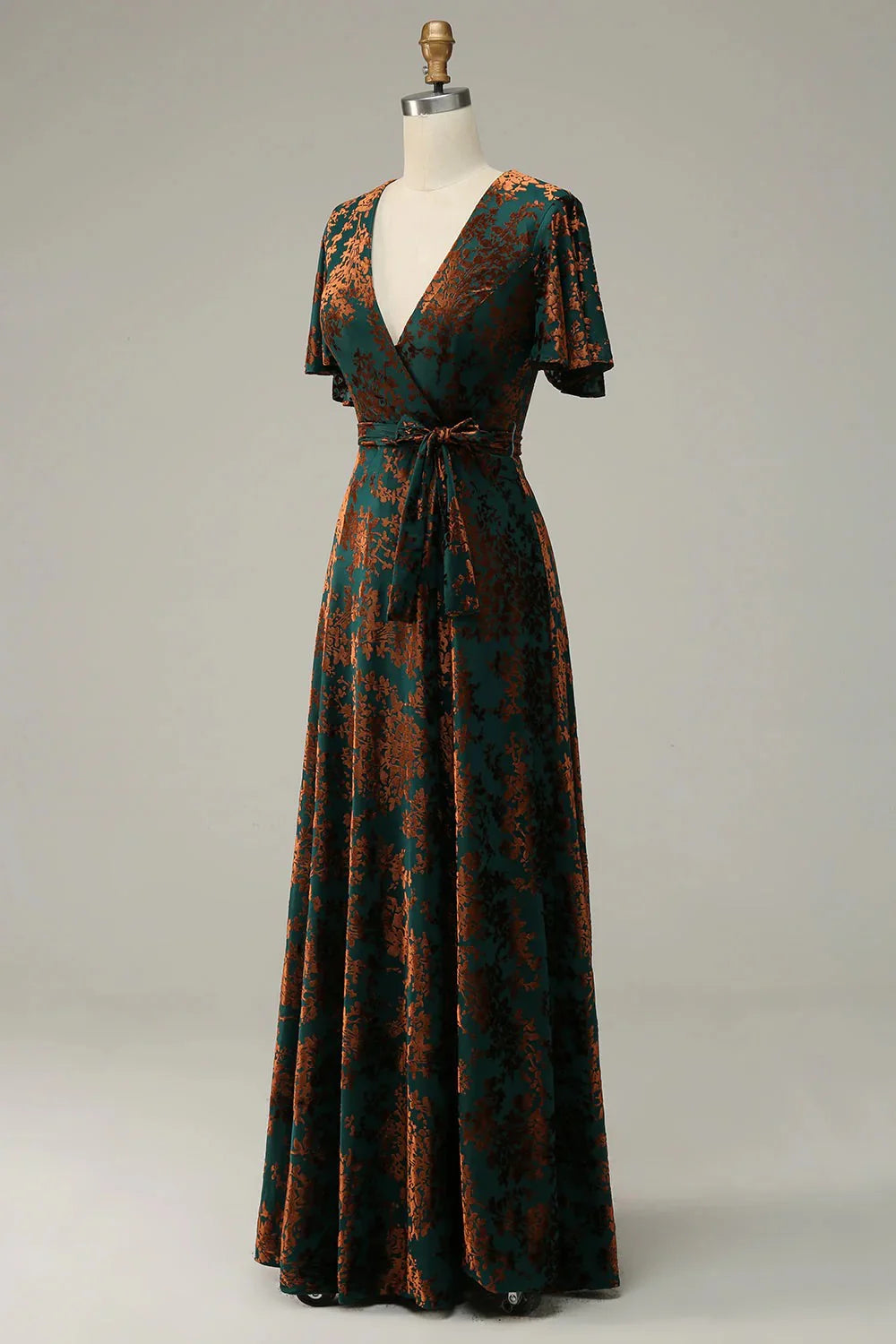 Burgundy Burnout Velvet A Line V Neck Maxi Dress with Short Sleeves