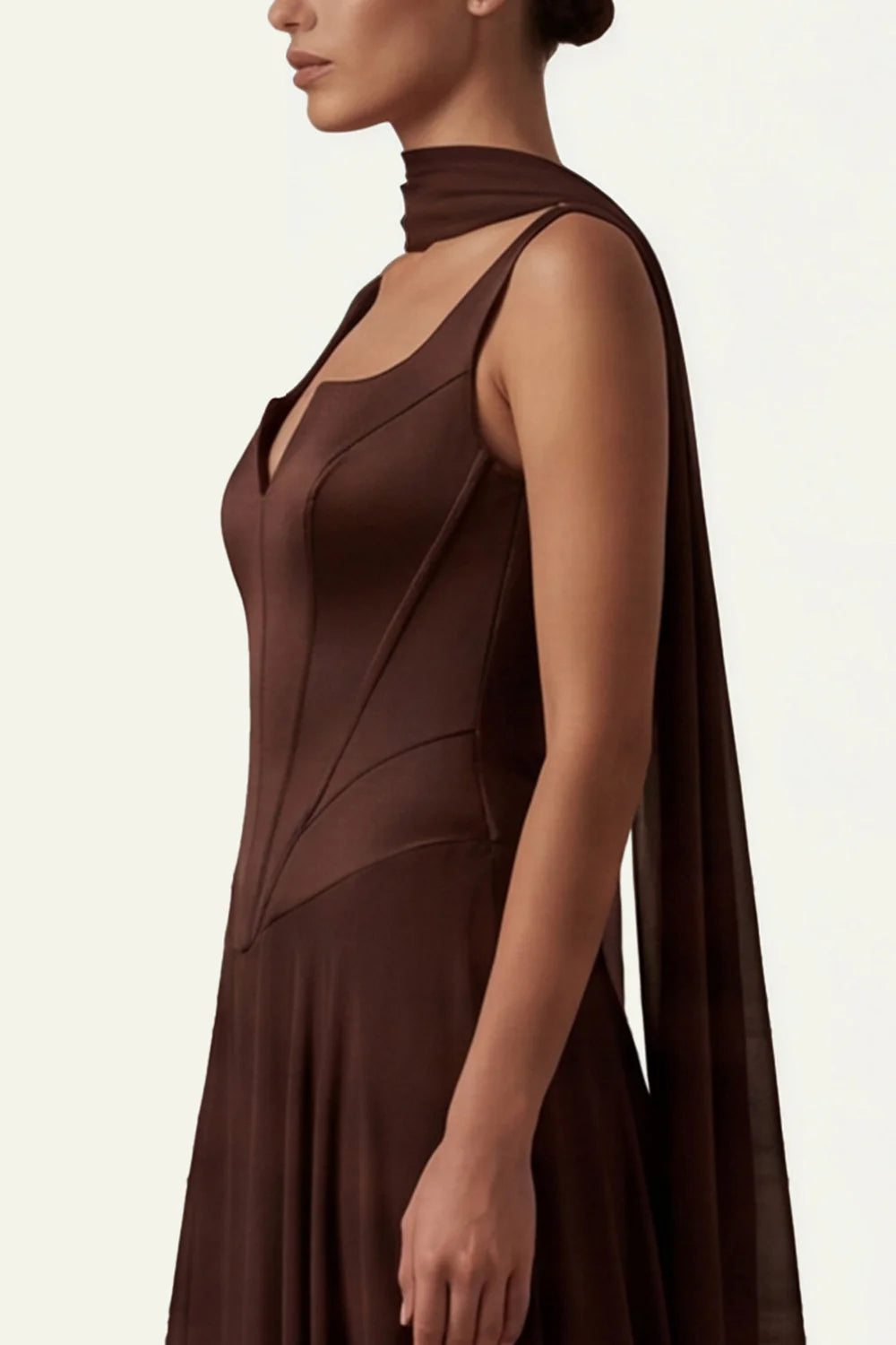Coffee A Line Corset Satin Long Bridesmaid Dress with Streamer