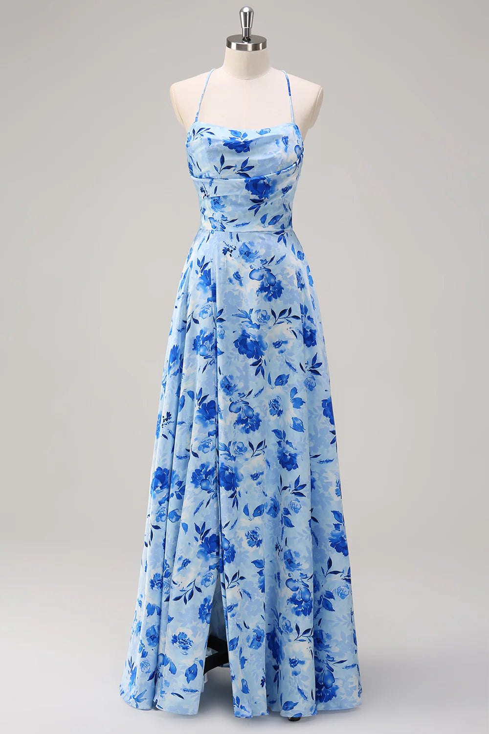 Blue A Line Spaghetti Straps Ruched Backless Long Print Bridesmaid Dress with Slit