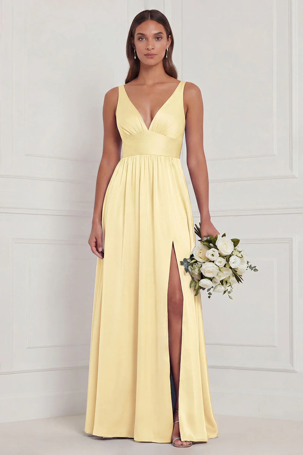 Dusty Blue A Line V Neck Bridesmaid Dress with Slit