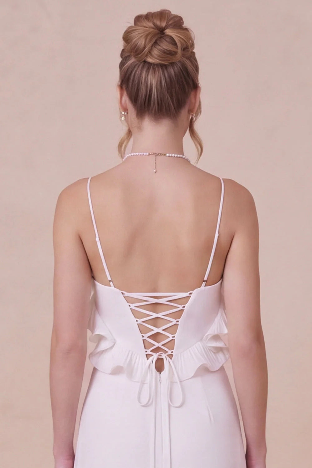White Spaghetti Straps Ruffle Engagement Dress with Slit