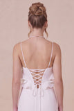 White Spaghetti Straps Ruffle Engagement Dress with Slit