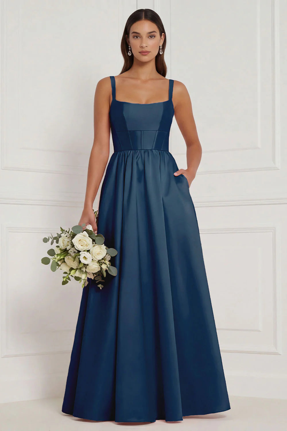 Lilac A Line Corset Satin Square Neck Long Bridesmaid Dress