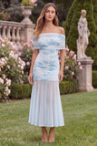 Off the Shoulder Baby Blue Mermaid Floral Wedding Guest Dress