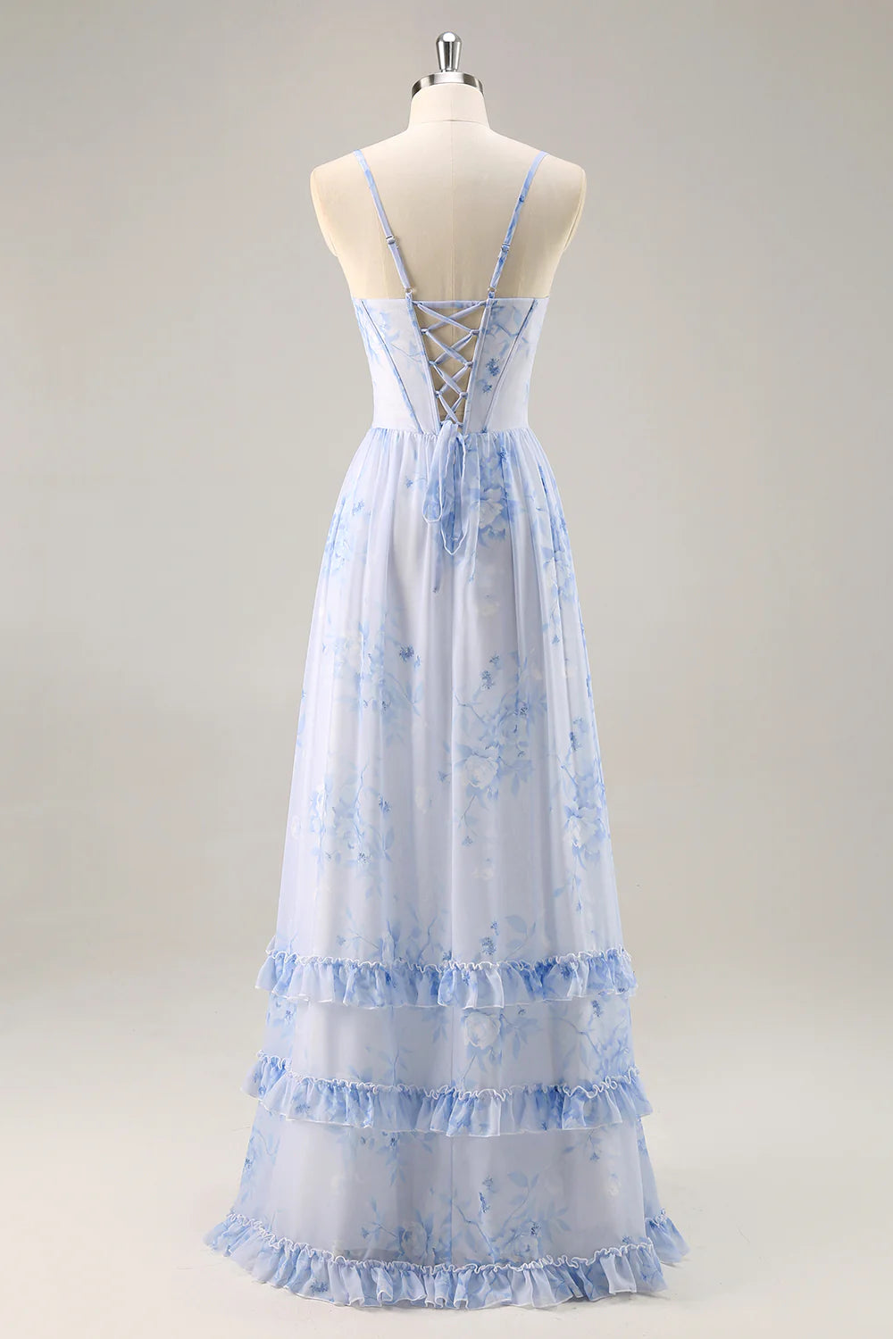 Blue Flower A Line Cowl Neck Corset Long Bridesmaid Dress with Slit