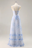 Blue Flower A Line Cowl Neck Corset Long Bridesmaid Dress with Slit