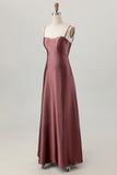 Coffee A Line Spaghetti Straps Long Bridesmaid Dress with Lace Up Back