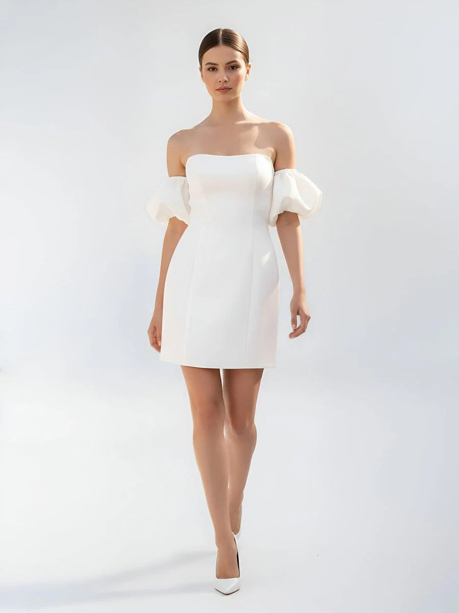 Short Satin White Wedding Dress Strapless Off the Shoulder