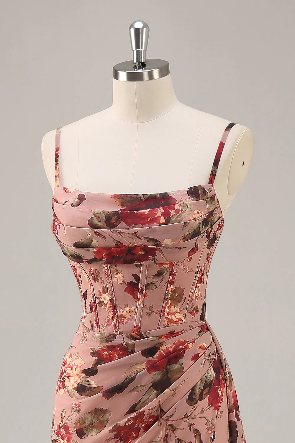 Dusty Rose Flower Spaghetti Straps Corset Ruched Long Bridesmaid Dress with Slit