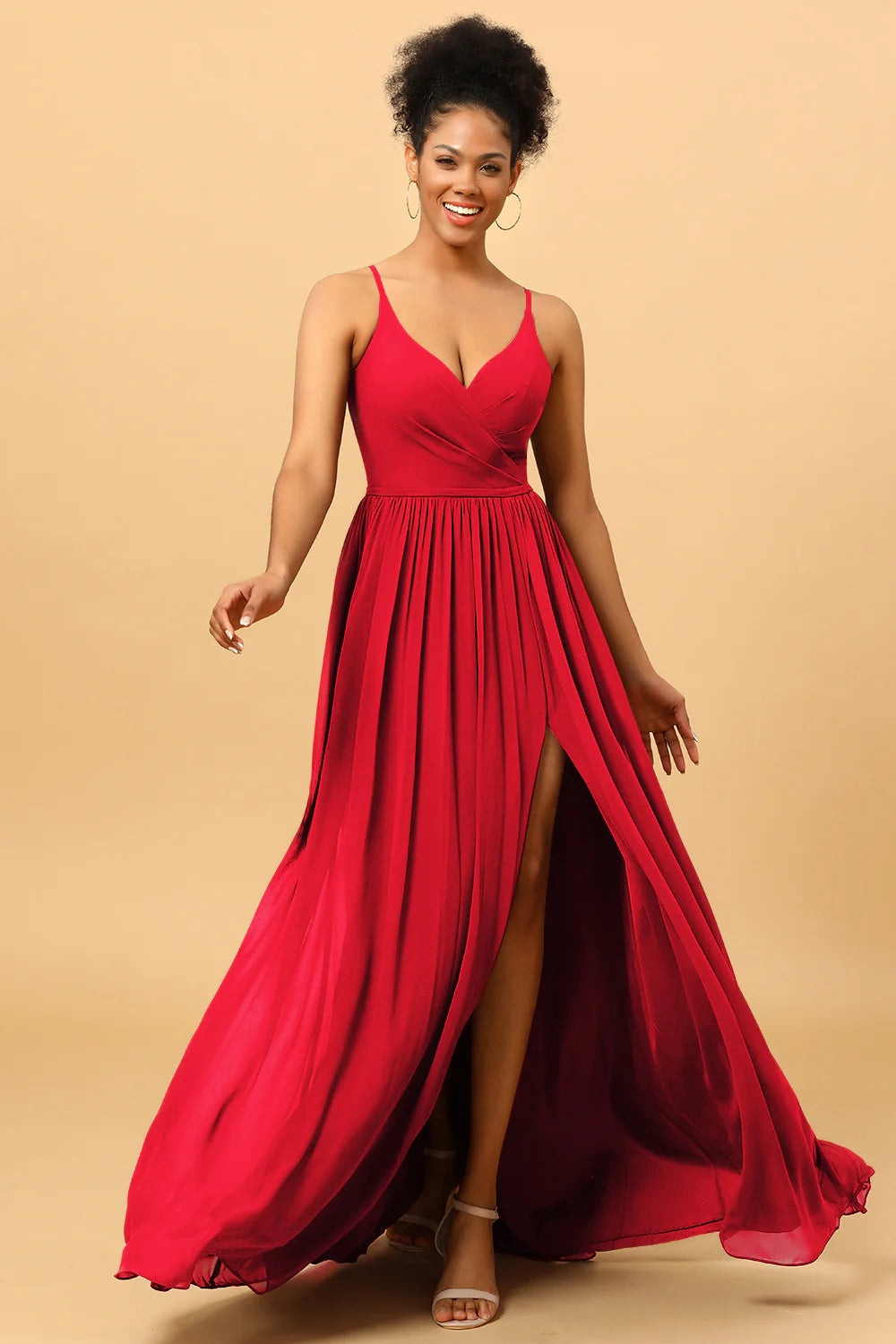 A Line Spaghetti Straps Ruched Long Chiffon Bridesmaid Dress with Slit