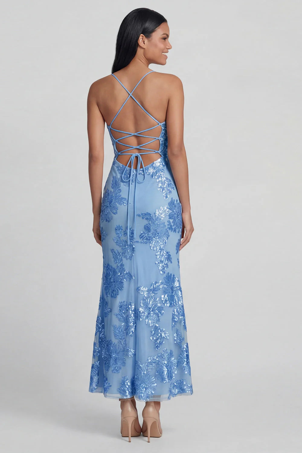 Sage Green Mermaid Floral Wedding Guest Dress with Lace up Back