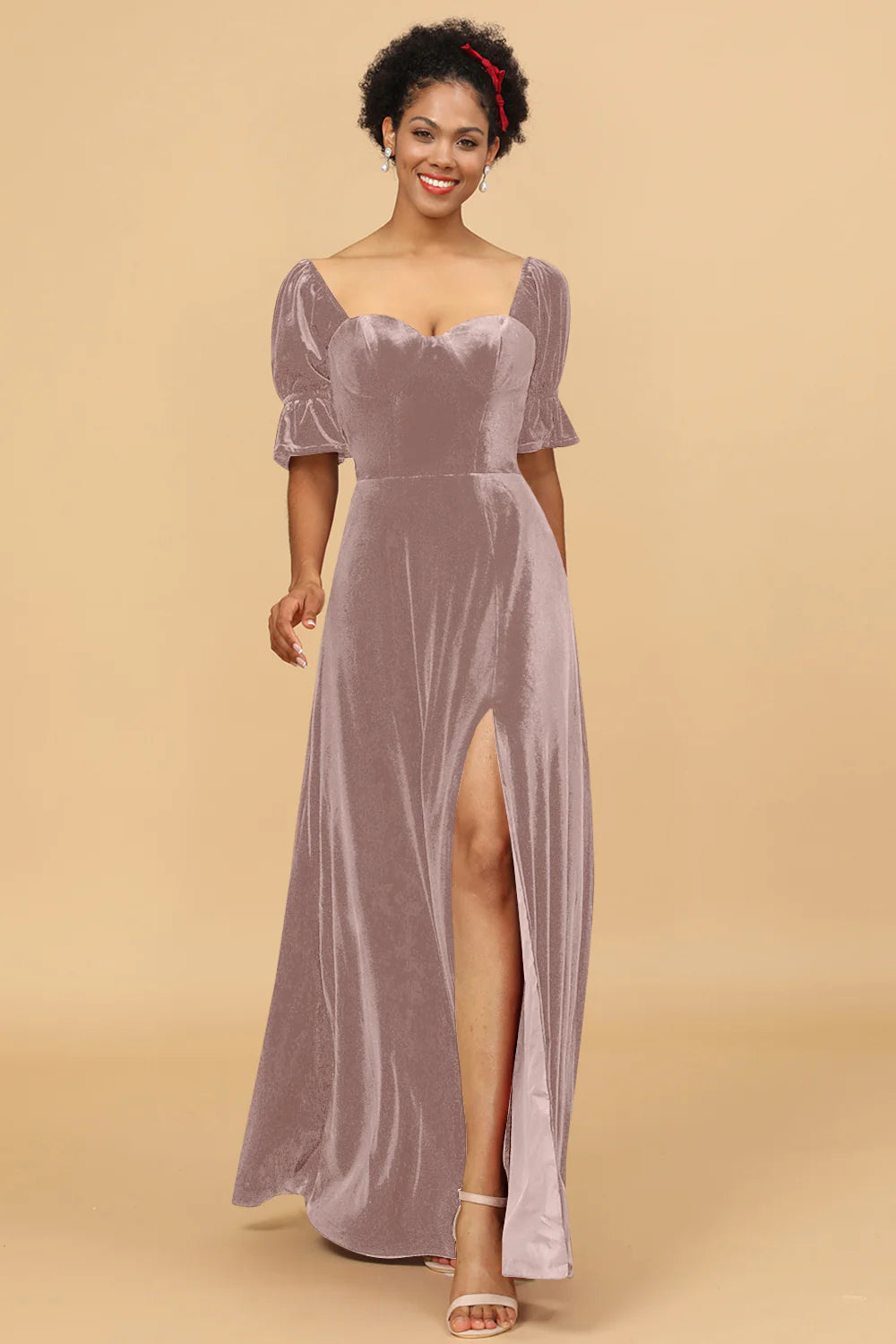 A Line Sweetheart Flare Sleeves Velvet Bridesmaid Dress with Slit