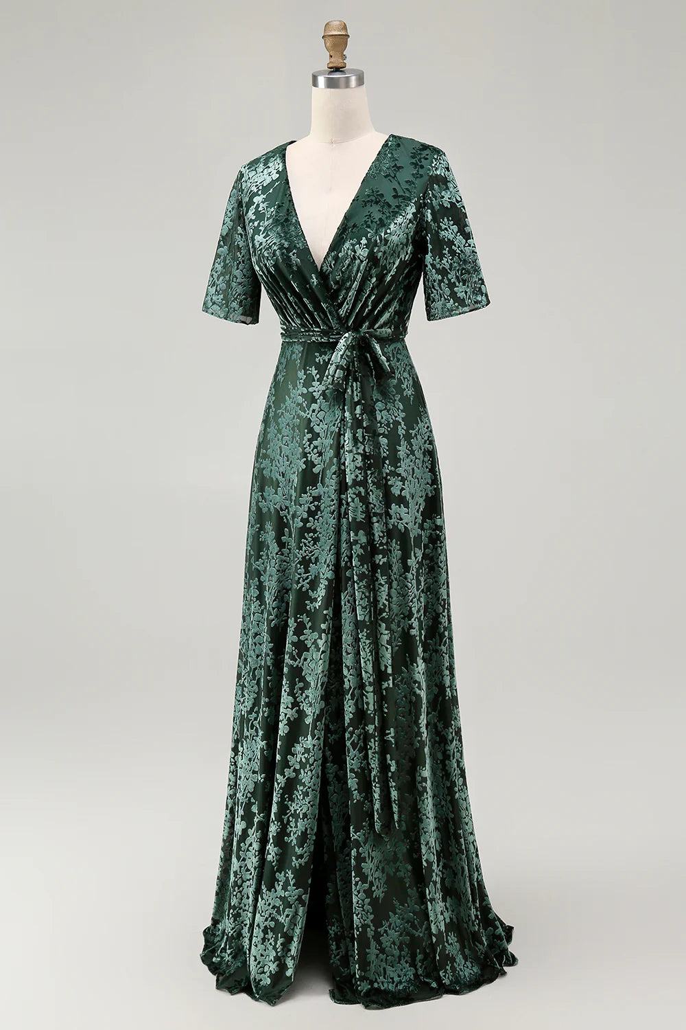 A Line V Neck Dark Green Burnout Velvet Floor Length Dress with Short Sleeves