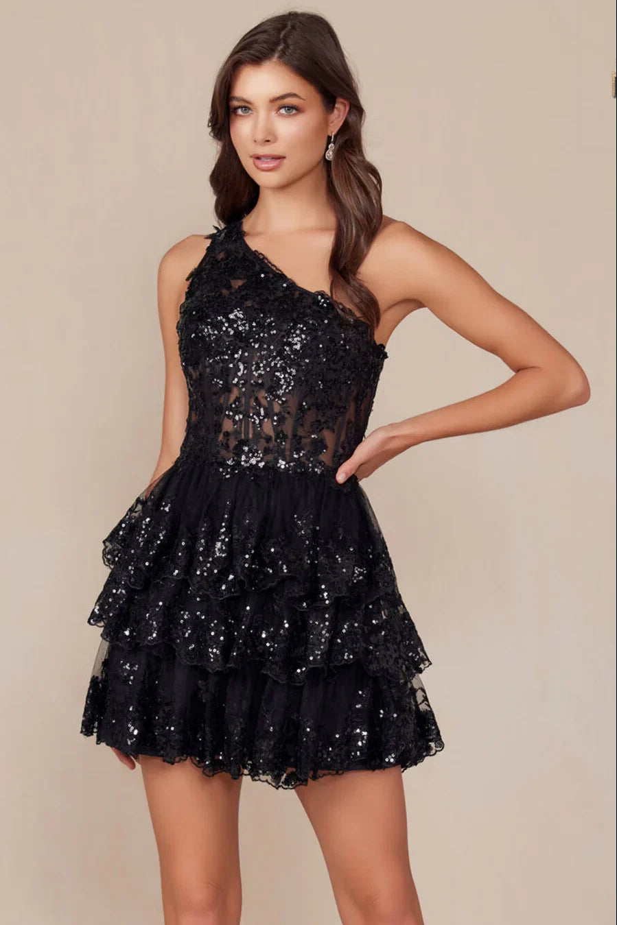 CHRISTIE MINI DRESS BLACK ONE SHOULDER TIERED SHORT DRESS
