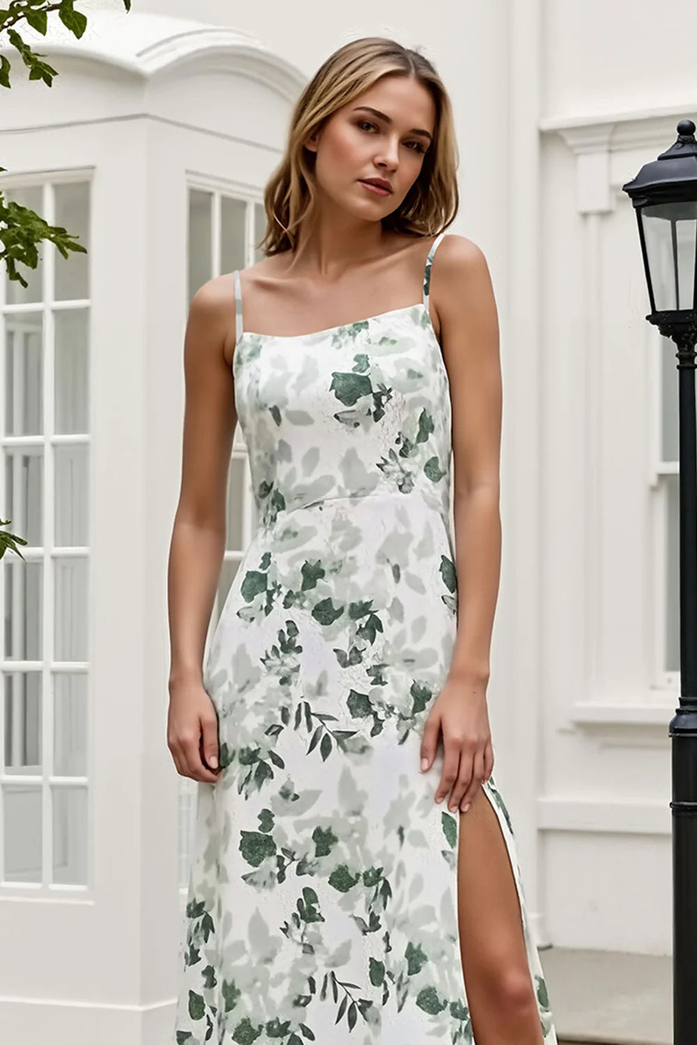Green Sheath Spaghetti Straps Print Floral Long Bridesmaid Dress with Slit