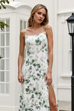 Green Sheath Spaghetti Straps Print Floral Long Bridesmaid Dress with Slit