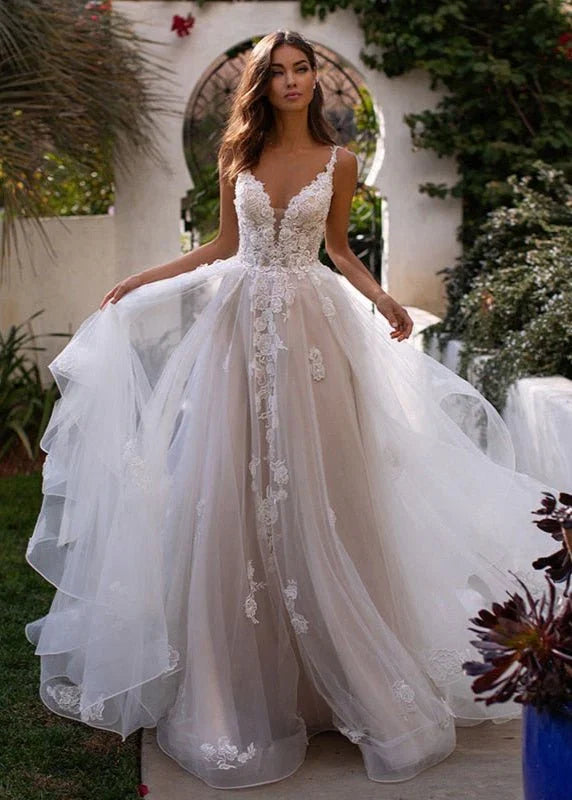 A Line Lace White Sweep Train Sleeveless Backless Wedding Dress