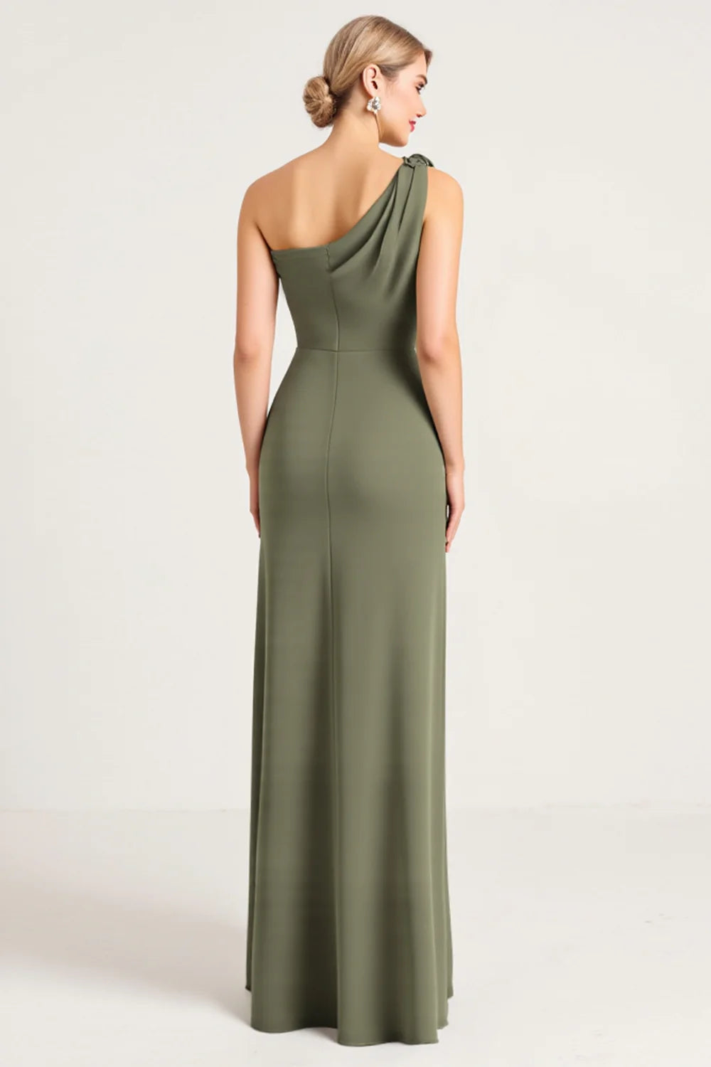 Olive One Shoulder Ruched Sheath Bridesmaid Dress with Slit