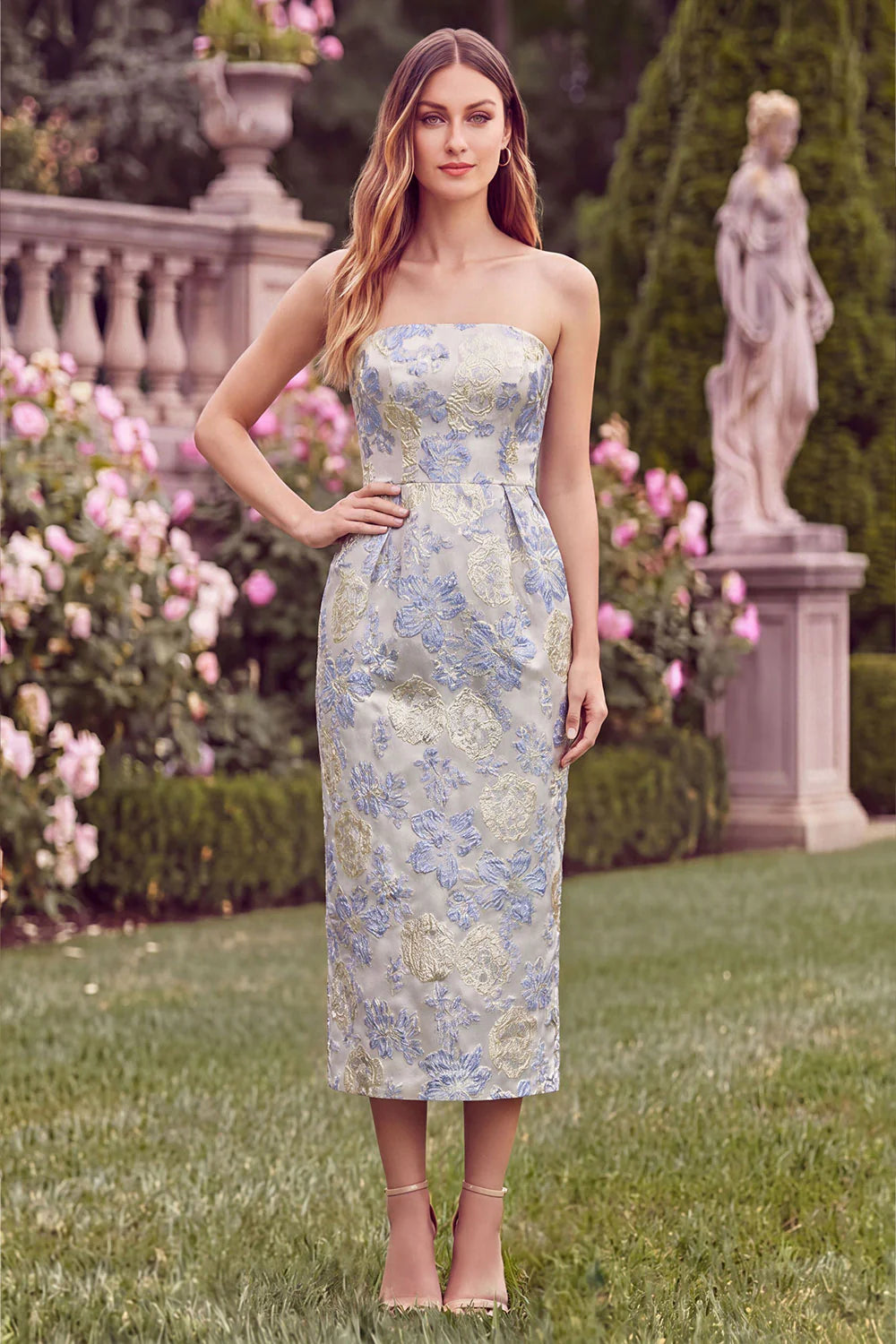 Strapless Light Blue Floral Jacquard Sheath Midi Wedding Guest Dress
