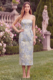 Strapless Light Blue Floral Jacquard Sheath Midi Wedding Guest Dress