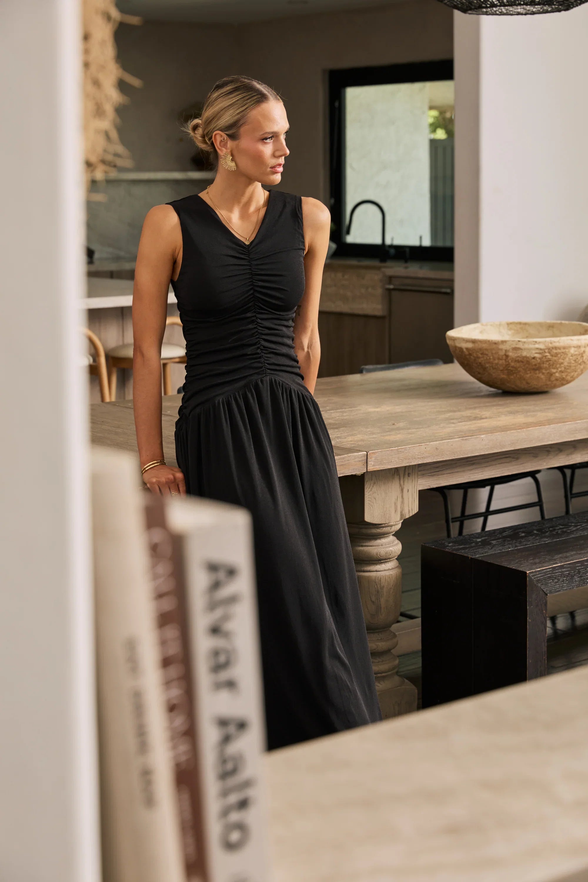 Kandi Ruched Maxi Dress in Black