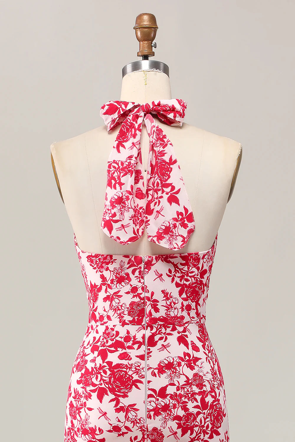 Red Flower Mermaid Halter Printed Midi Wedding Guest Dress
