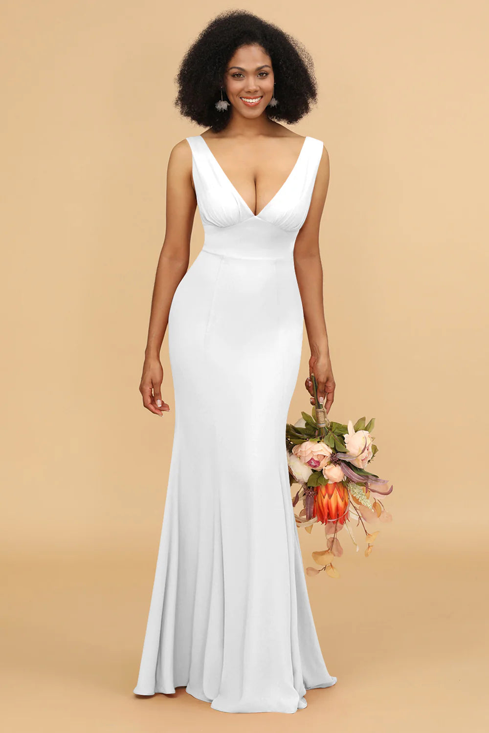Mermaid V neck Open Back Long Chiffon Bridesmaid Dress With Ruffles
