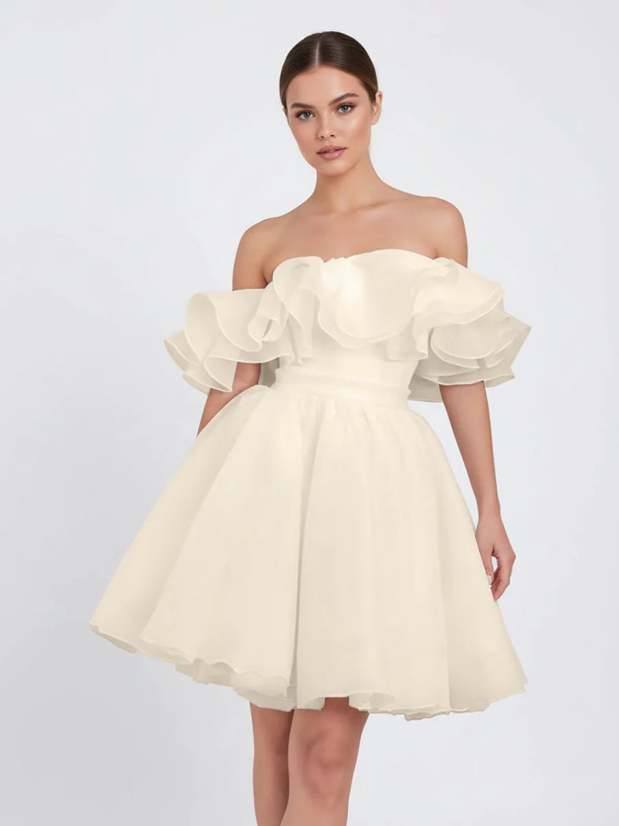 A Line Off The Shoulder Sleeveless Short Mini Organza Wedding Dresses