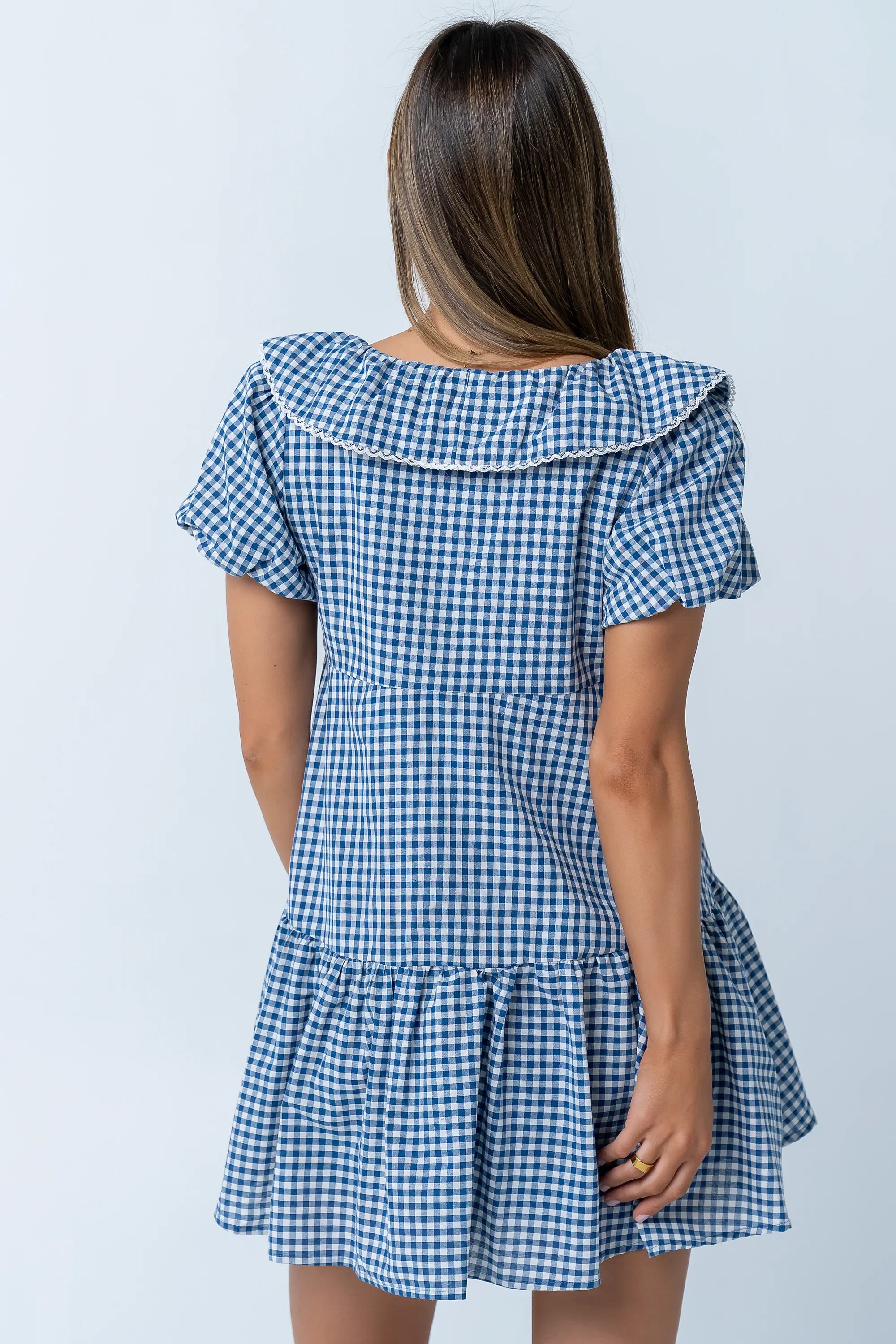 Tony Gingham Baby Doll Dress in Blue