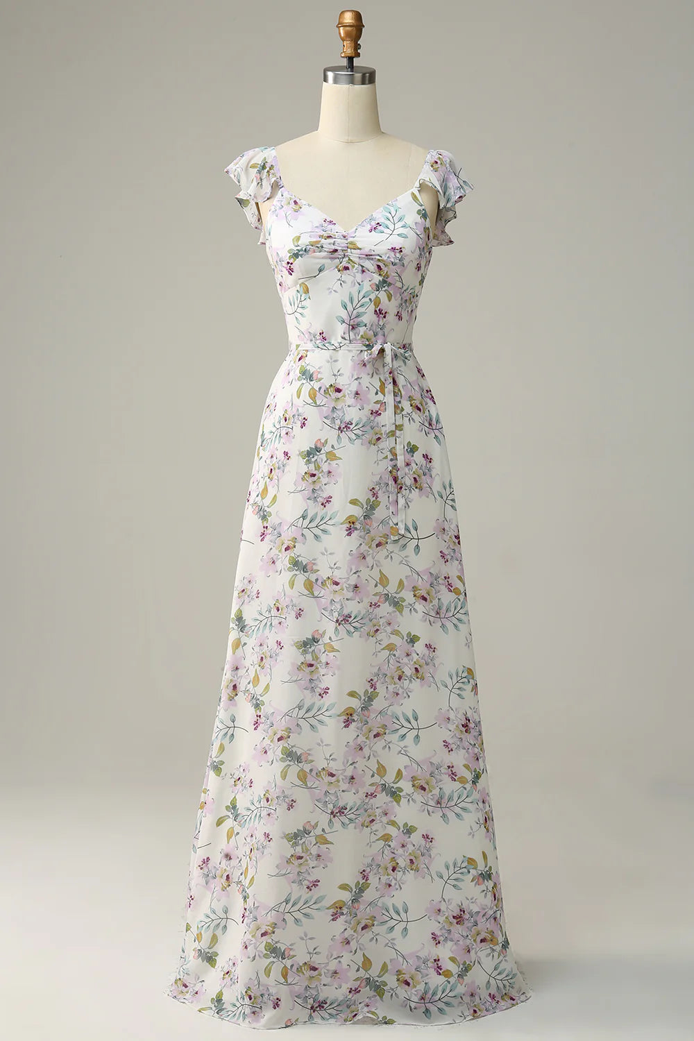 White Purple Flower A Line V Neck Floor Length Chiffon Bridesmaid Dress