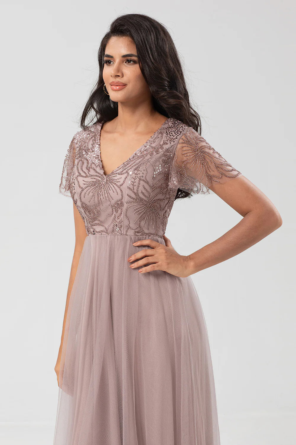 A Line V Neck Embroidered Tulle Dusty Pink Bridesmaid Dress with Beading