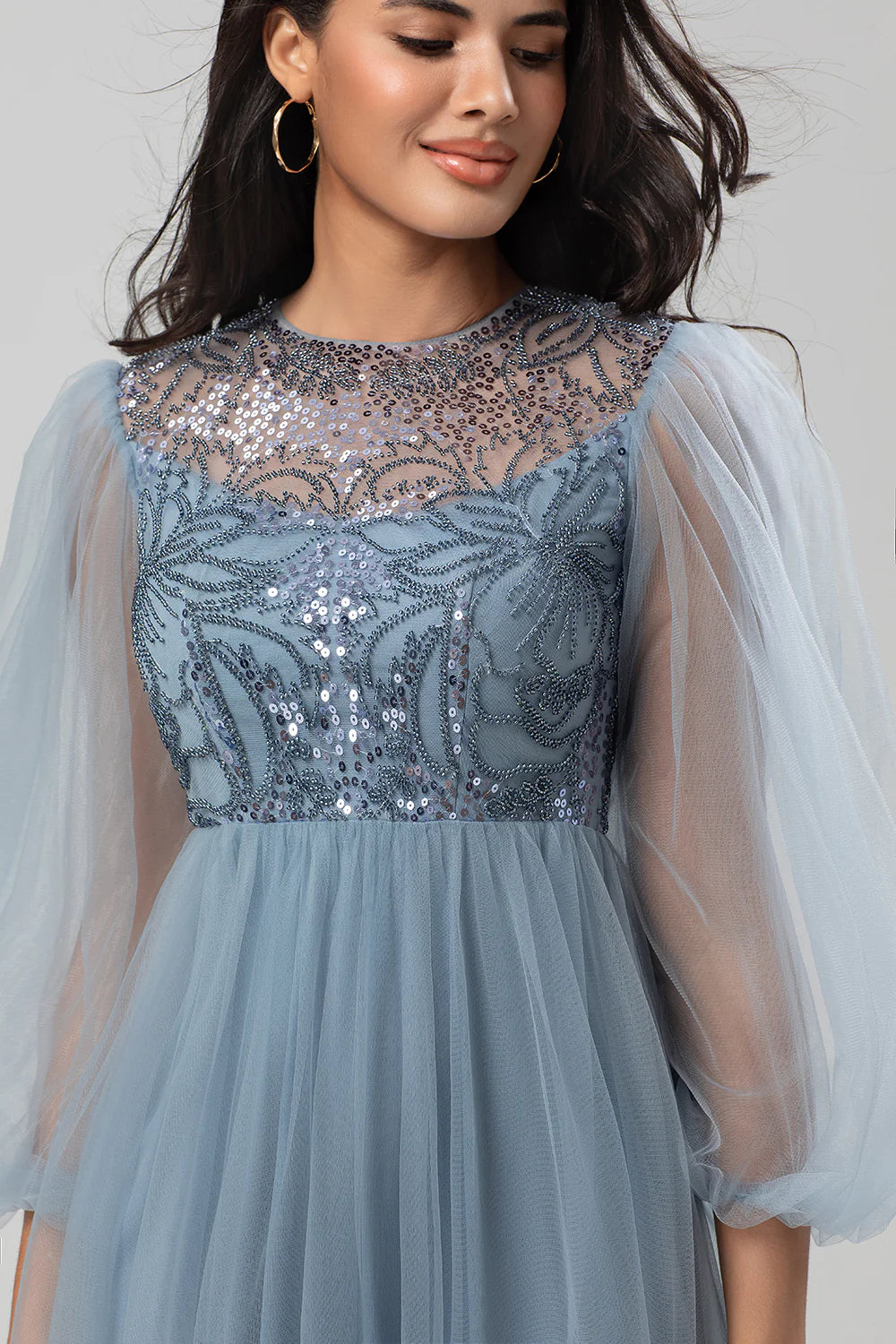A Line Tulle Beaded Dusty Blue Bridesmaid Dress With Long Sleeves