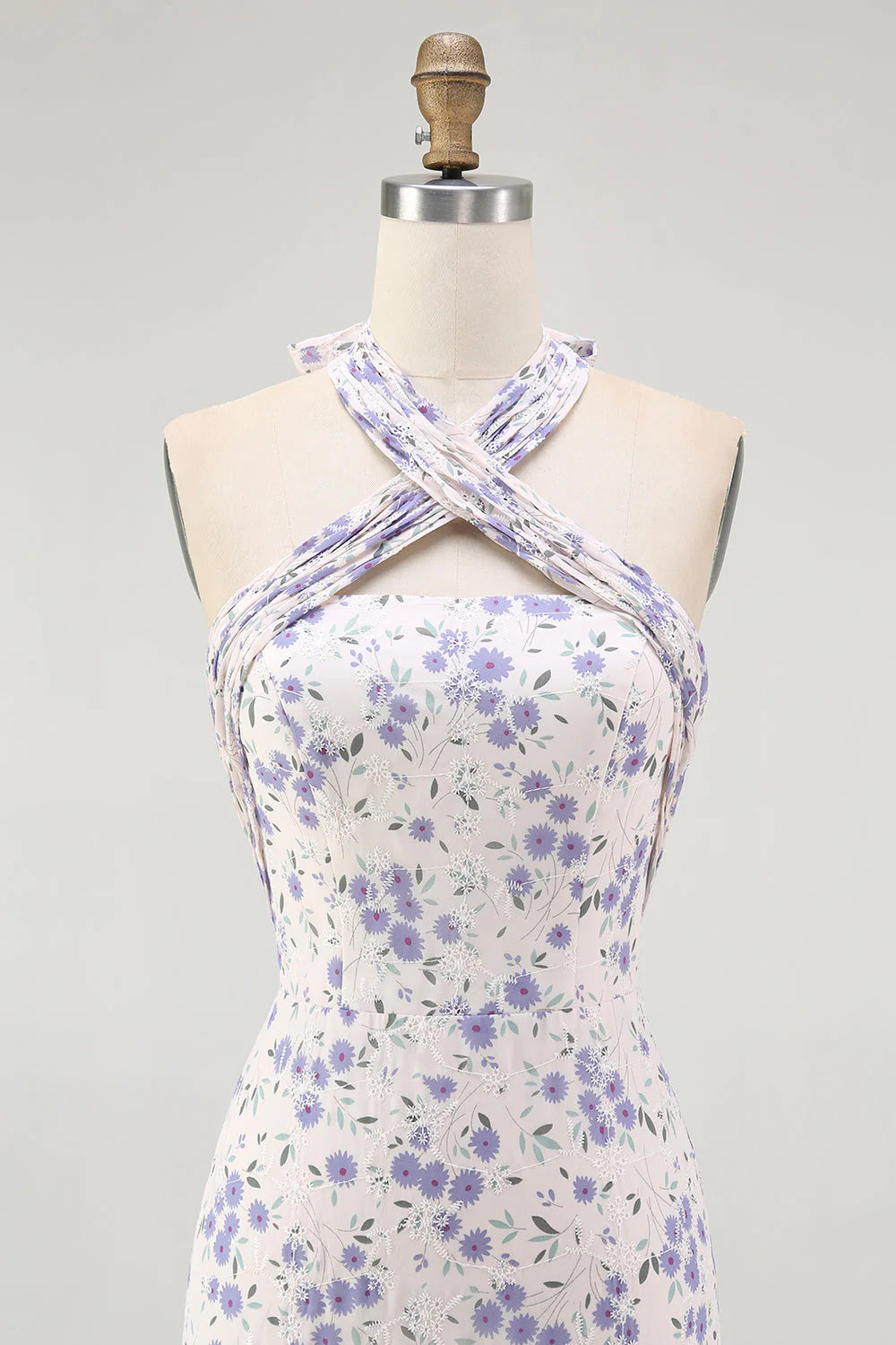 Blue Floral Halter Neck A Line Tiered Chiffon Midi Dress