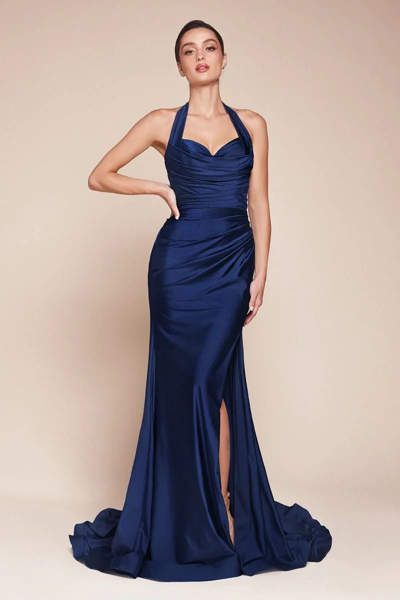 Autumn Gown Stretch Spandex Satin Halter Fitted Dress