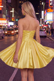 Yellow A Line Satin Strapless Homecoming Dress