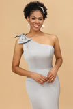 Grey Mermaid One Shoulder Satin Bridesmaid Dress With Bowknot