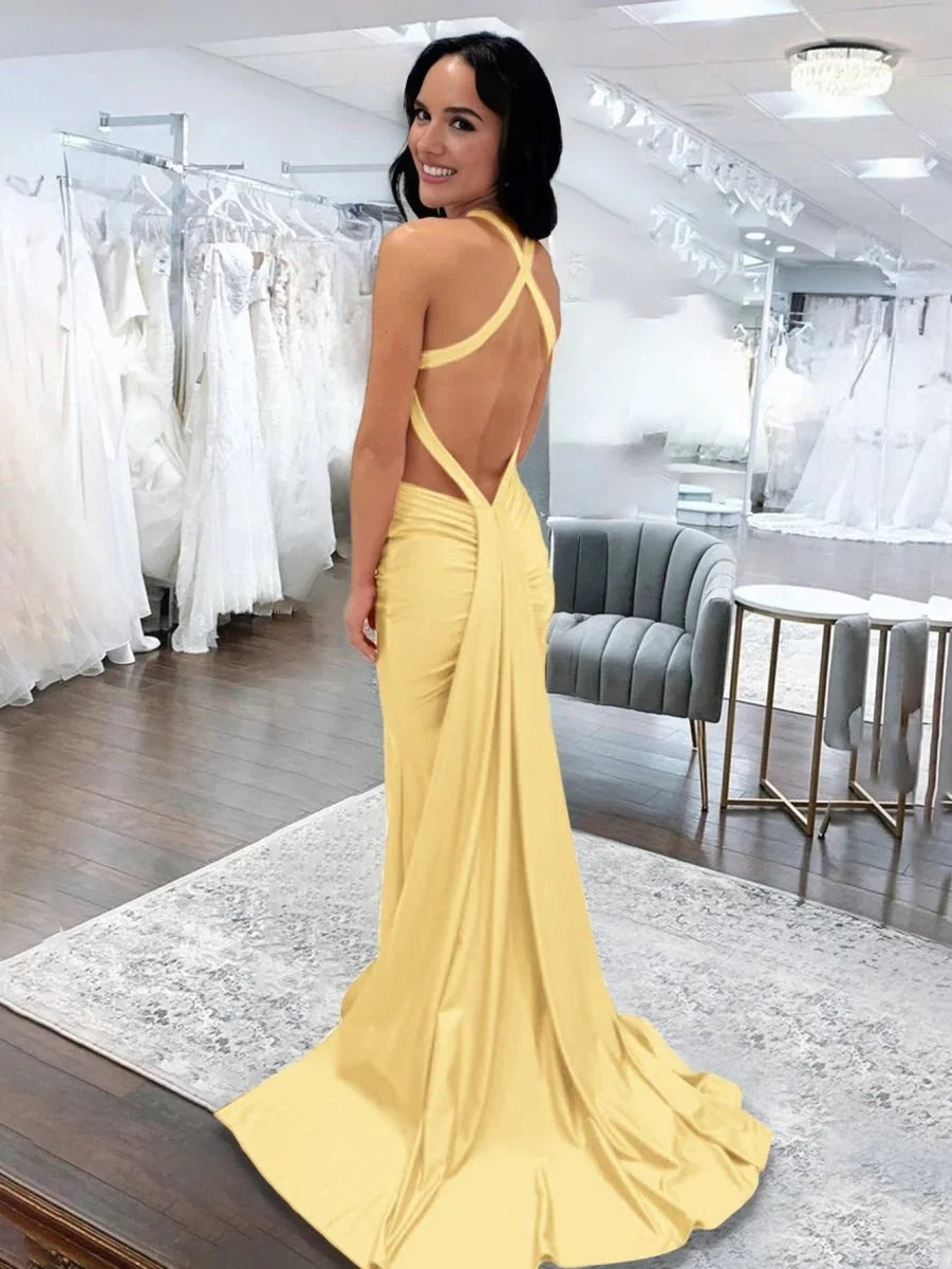 Angela Mermaid Pink V Neck Backless Satin Long Prom Dress