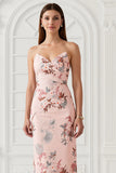 Blush Flower Sheath Strapless Print Satin Long Wedding Guest Dress with Back Slit