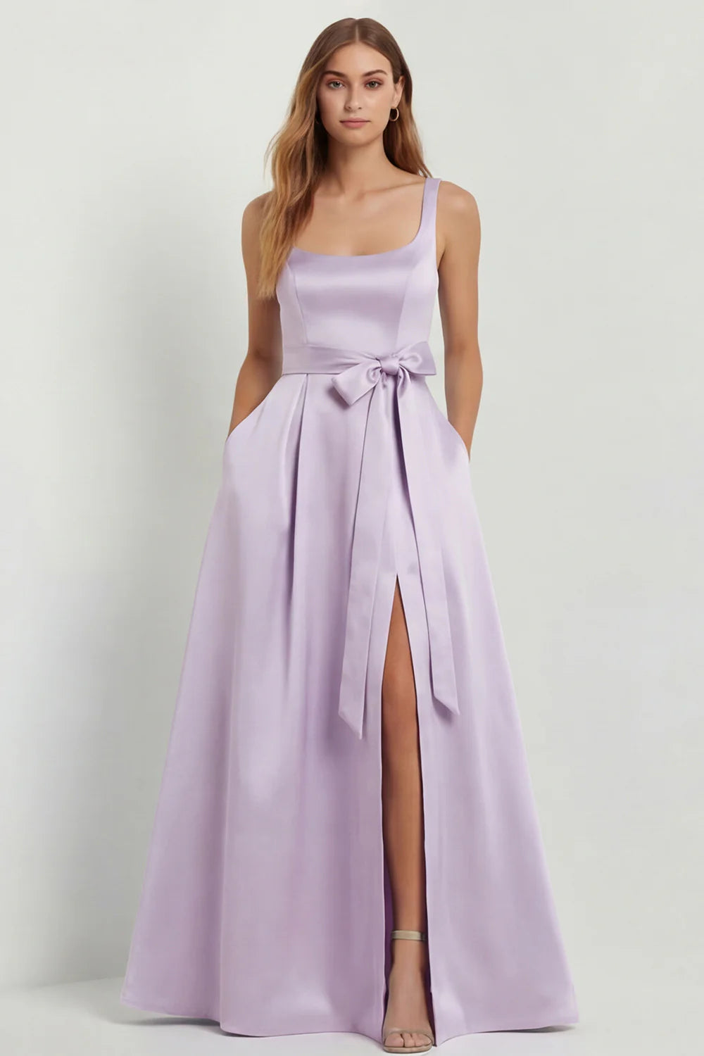 Light Blue A Line Square Neck Bow Satin Long Bridesmaid Dress with Slit