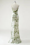 Green Flower Sheath Cowl Neck Printed Open Back Long Bridesmaid Dress