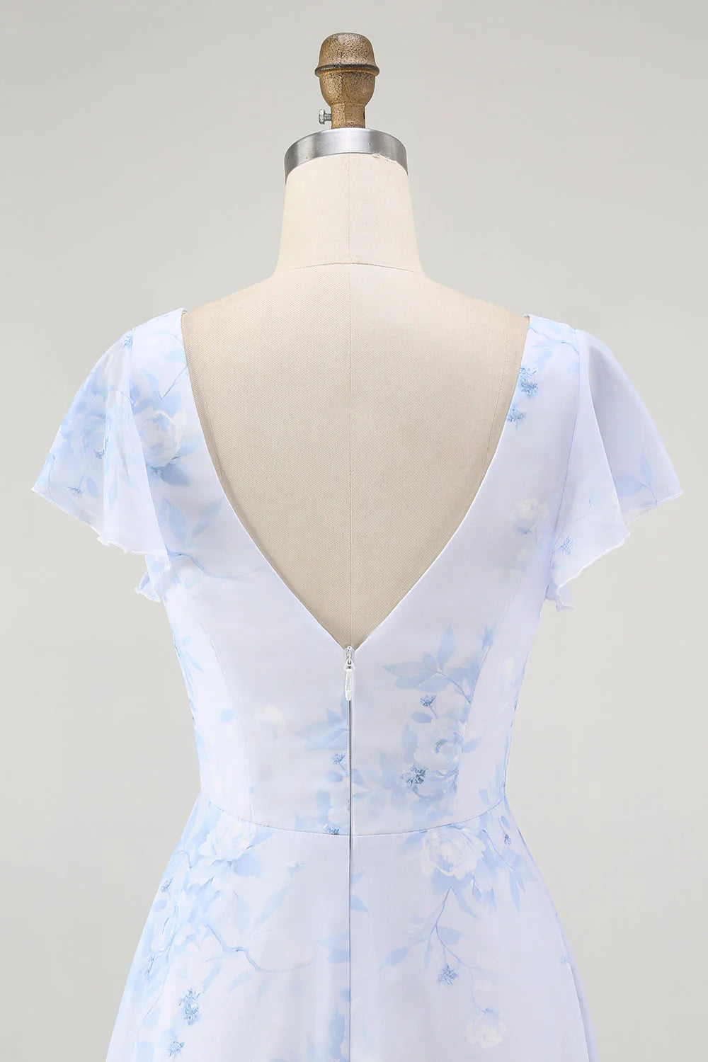 Blue Floral A Line V Neck Backless Long Bridesmaid Dress with Slit