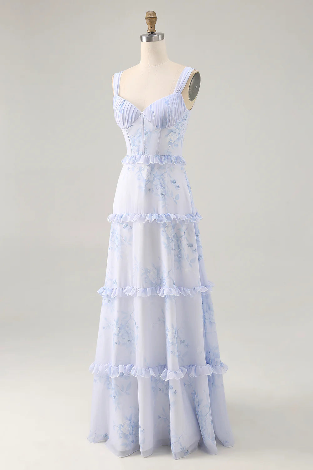Blue Flower A Line Printed Long Bridesmaid Dress with Lace Up Back